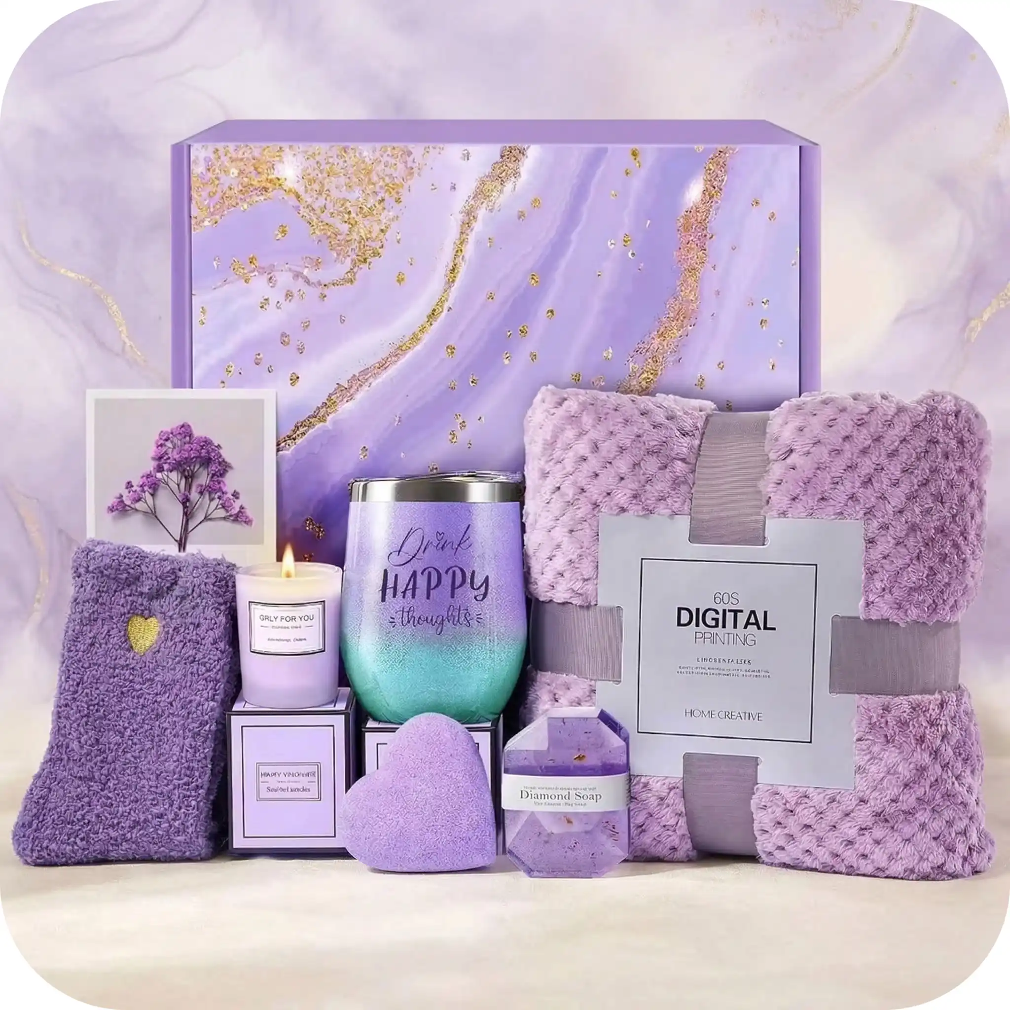 Zestaw prezentowy dla kobiet z kocem, świecą i kulą do kąpieli Orchid