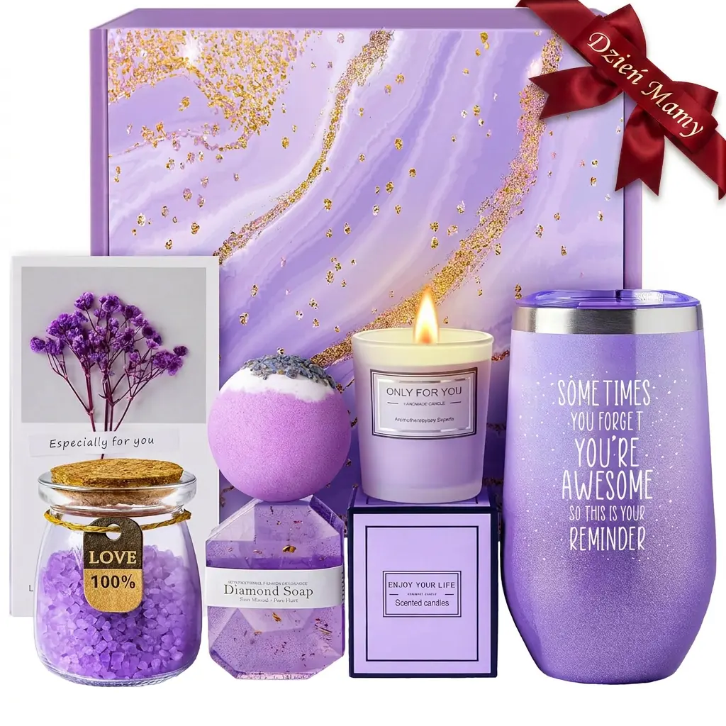 Prezent na Dzień Mamy - Zestaw prezentowy ze świecą, kulą do kąpieli i solą lawendową Lavender